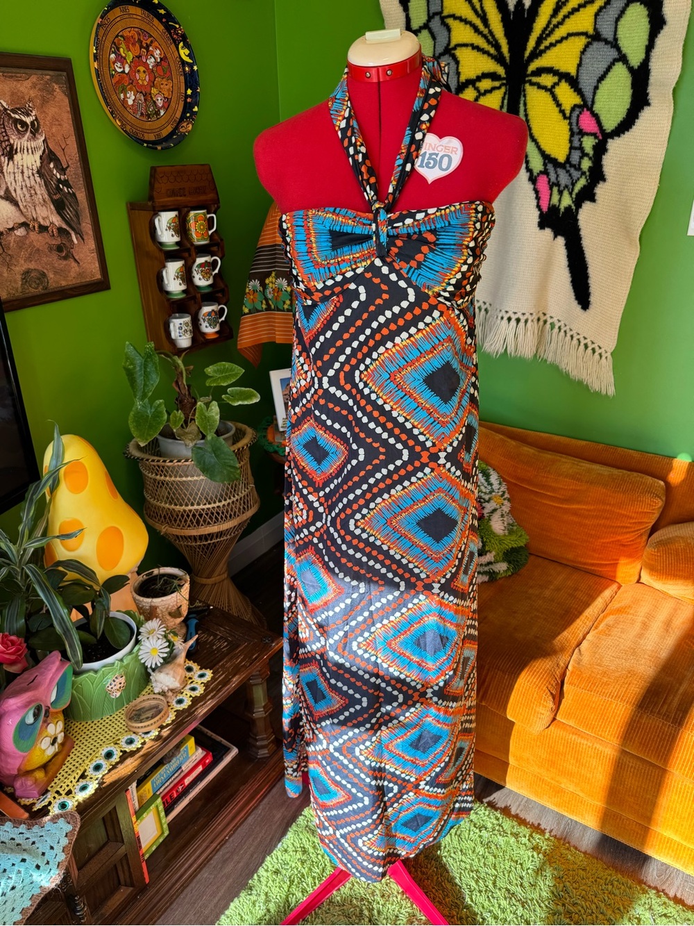 Xhilaration Turquoise & Orange Geometric Halter Maxi Dress